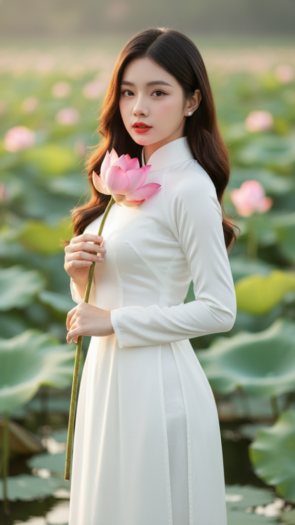 Chân dung thiết kế siêu thực của cô gái Việt trong áo dài trắng và hoa sen hồng