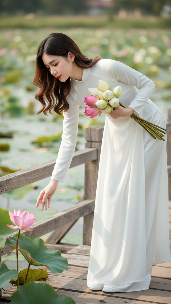 Tạo chân dung siêu thực của cô gái Việt trong áo dài bên hồ sen