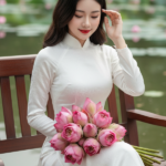 Vẽ chân dung nữ sinh mặc áo dài bên hồ sen với ánh sáng buổi sáng tươi sáng
