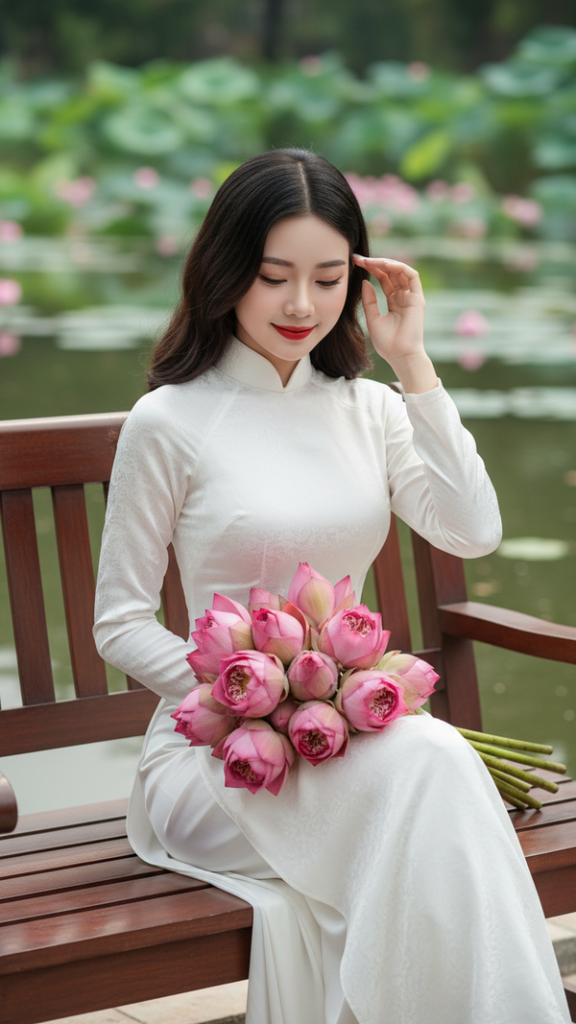 Vẽ chân dung nữ sinh mặc áo dài bên hồ sen với ánh sáng buổi sáng tươi sáng