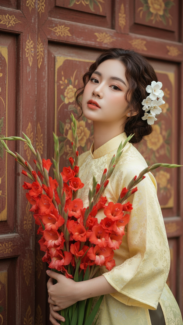 Chân dung cô gái với vẻ đẹp dịu dàng trong không gian Tết truyền thống và ánh sáng tự nhiên