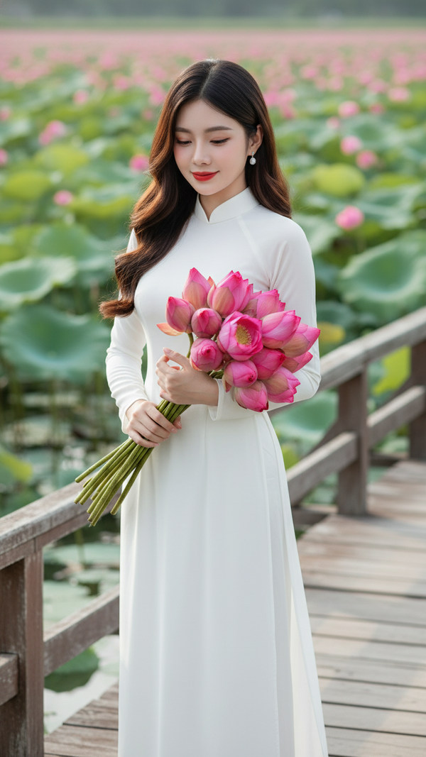 Vẽ chân dung thực tế của cô gái Việt trong áo dài giữa hồ sen sắc nét và tự nhiên