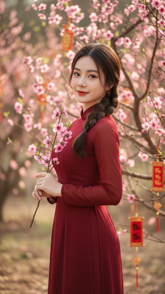 Chân dung trẻ trung của cô gái Việt trong vườn đào rực rỡ mùa xuân