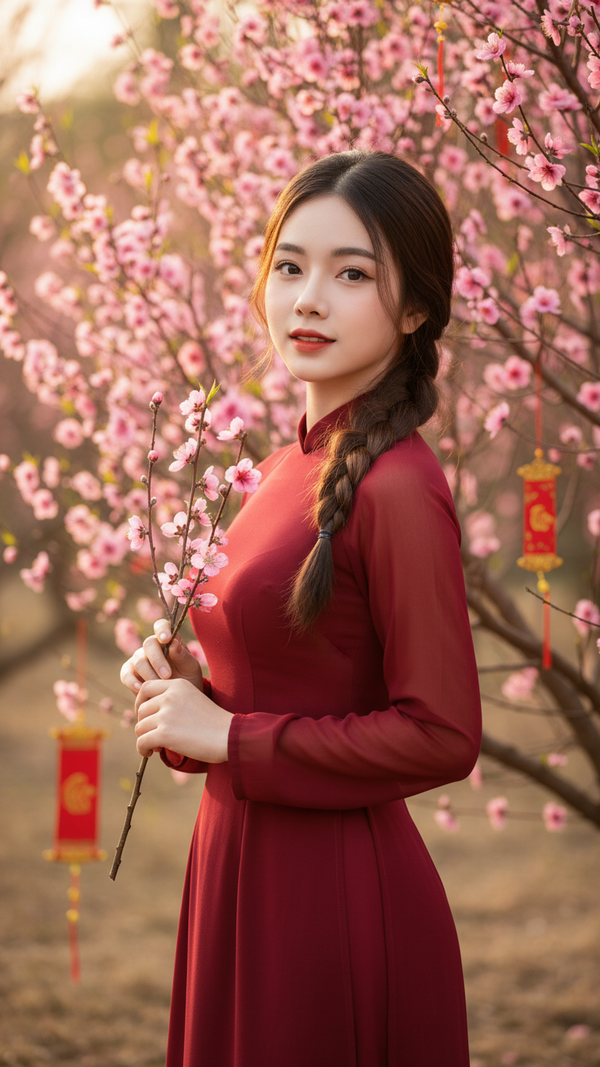 Chân dung cô gái Việt trong áo dài đỏ giữa vườn hoa đào nở rộ mùa xuân