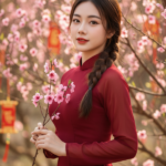 Ảnh chân dung thiếu nữ Việt Nam trong ao dai đỏ giữa vườn đào nở rộ mùa xuân