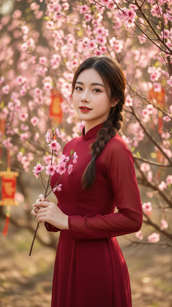 Ảnh chân dung thiếu nữ Việt Nam trong ao dai đỏ giữa vườn đào nở rộ mùa xuân