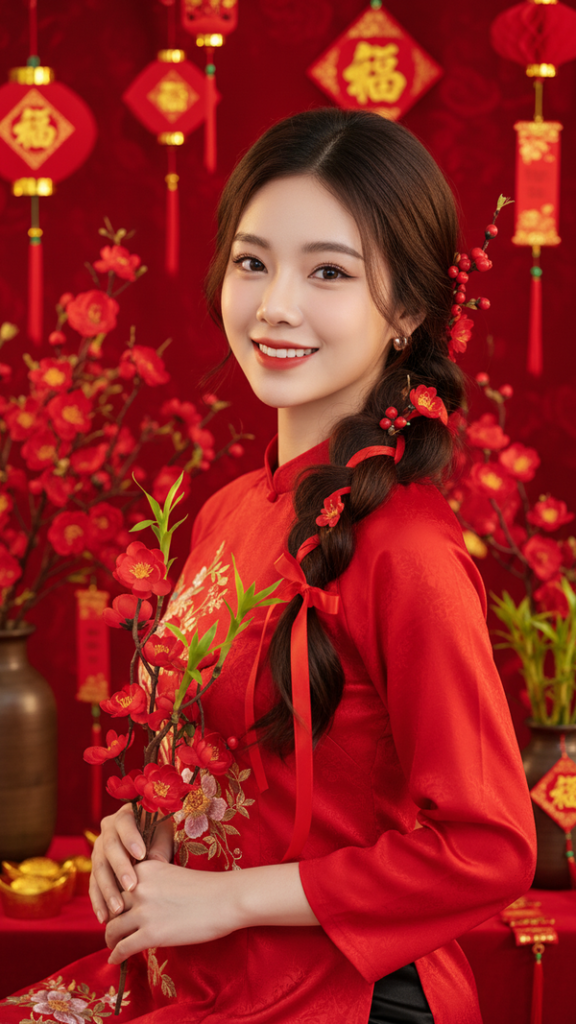 Hình ảnh chân dung cô gái trẻ với nụ cười rạng rỡ trong không khí Tết ấm áp.