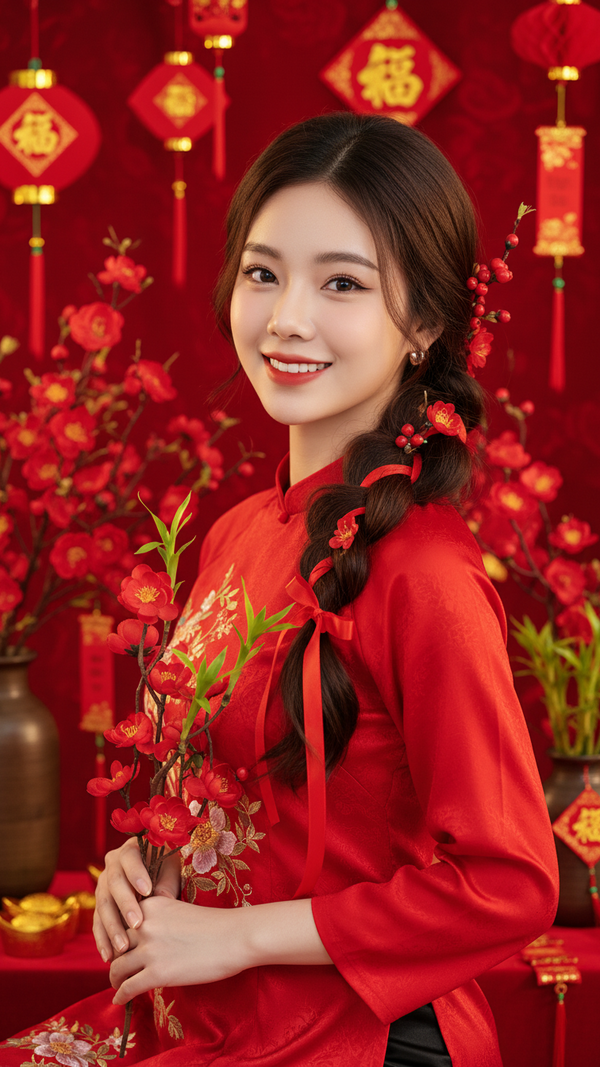 Hình ảnh chân dung cô gái trẻ với nụ cười rạng rỡ trong không khí Tết ấm áp.