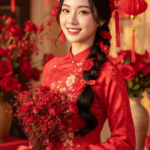 Chân dung tuyệt đẹp của cô gái trẻ trong không gian lễ hội rực rỡ màu đỏ