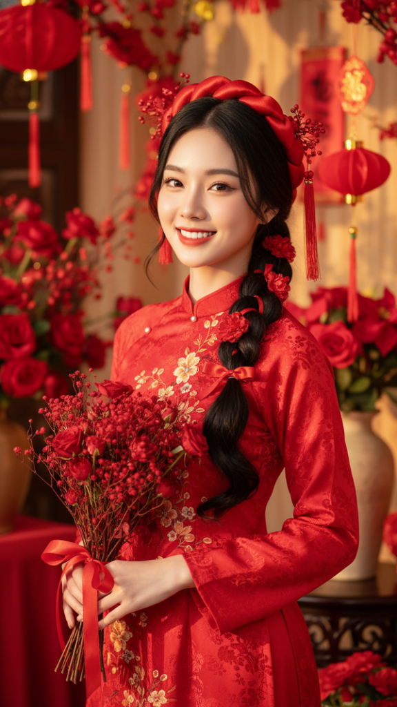 Chân dung tuyệt đẹp của cô gái trẻ trong không gian lễ hội rực rỡ màu đỏ