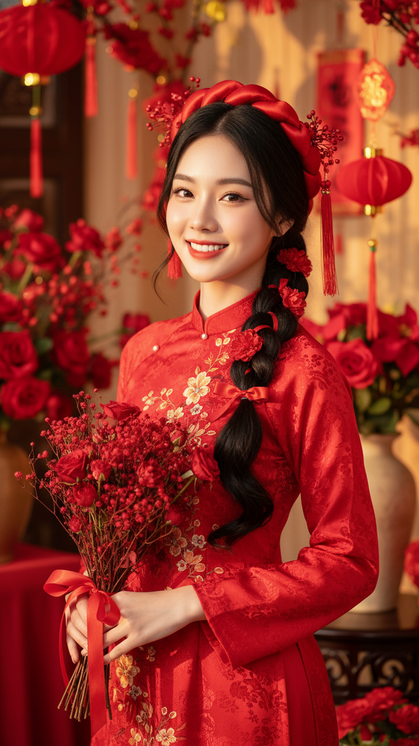 Chân dung tuyệt đẹp của cô gái trẻ trong không gian lễ hội rực rỡ màu đỏ