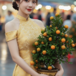 Chân dung cô gái trẻ bên cây quất ngày Tết với không khí sau mưa nhẹ nhàng