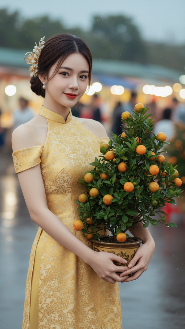 Chân dung cô gái trẻ bên cây quất ngày Tết với không khí sau mưa nhẹ nhàng