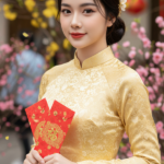 Chân dung cô gái trẻ trong áo dài vàng tại chợ Tết đầy sắc xuân