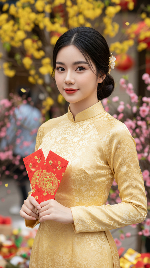 Chân dung cô gái trẻ trong áo dài vàng tại chợ Tết đầy sắc xuân