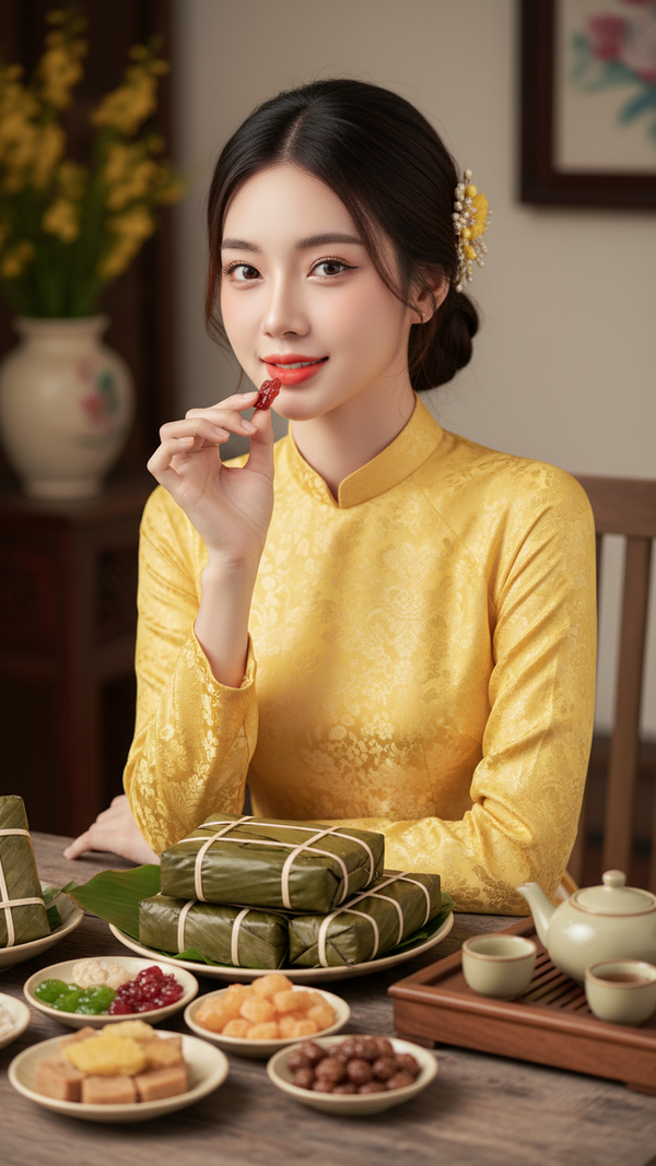 Chân dung sống động của cô gái Việt trong áo dài với không gian Tết truyền thống