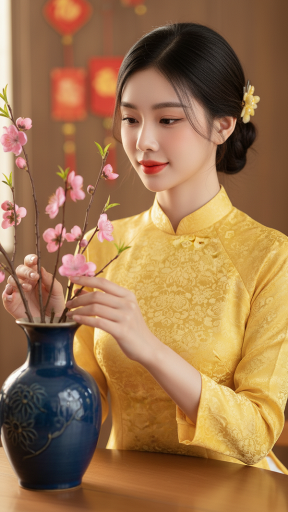 Chân dung cô gái Việt trong trang phục áo dài vàng dịp Tết rực rỡ và thanh lịch