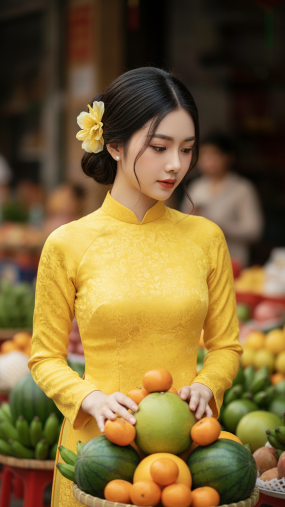 Chân dung cô gái trong áo dài bên quầy trái cây Tết thật sống động và tinh tế