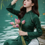 Chân dung hiện thực của cô gái trẻ trong trang phục áo dài hiện đại bên hồ xanh mát