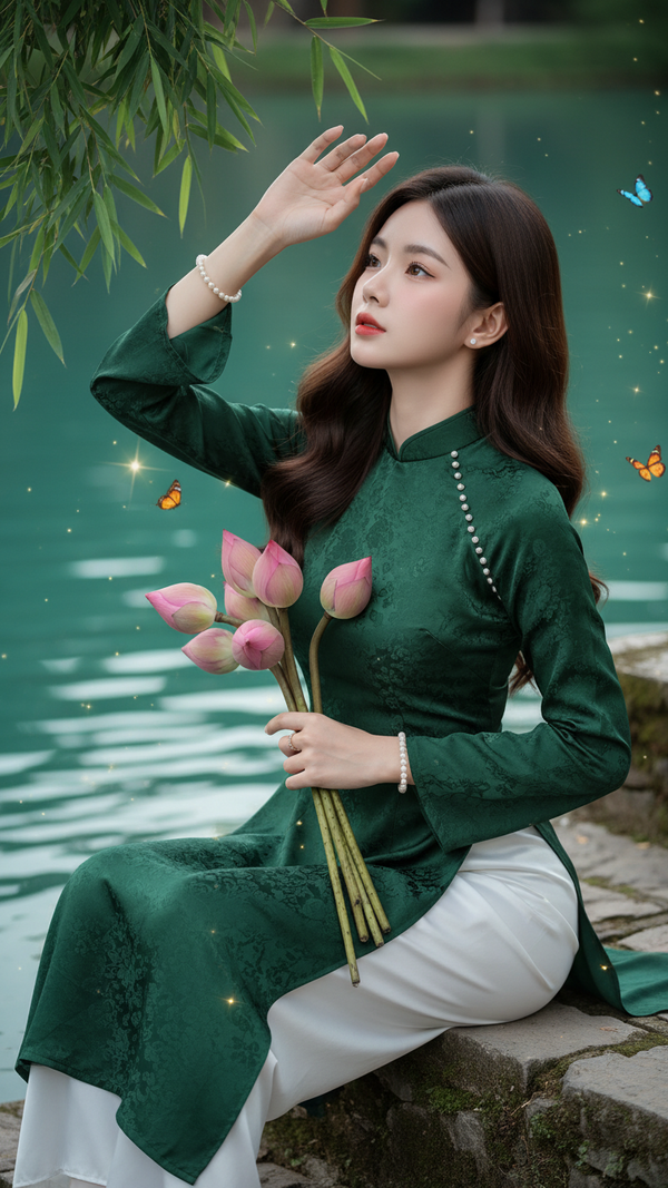 Chân dung hiện thực của cô gái trẻ trong trang phục áo dài hiện đại bên hồ xanh mát