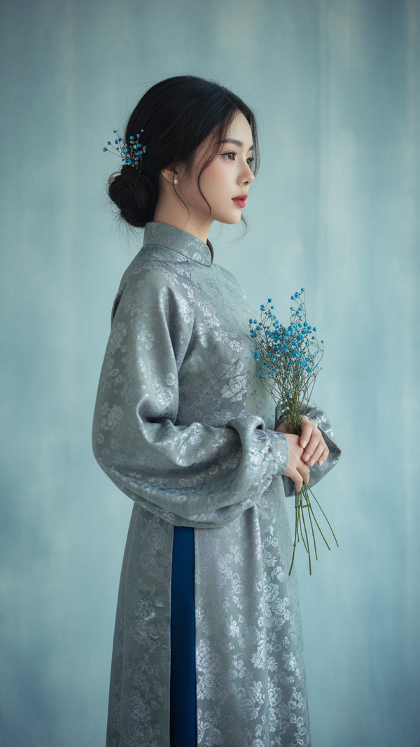 Bức chân dung cổ điển của cô gái trẻ với tông màu lạnh và trang phục truyền thống
