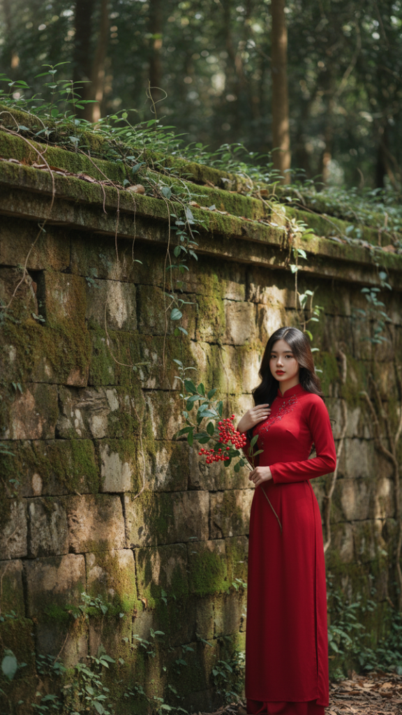 Chân dung cô gái Việt trong tà áo dài đỏ giữa khung cảnh rừng núi yên bình