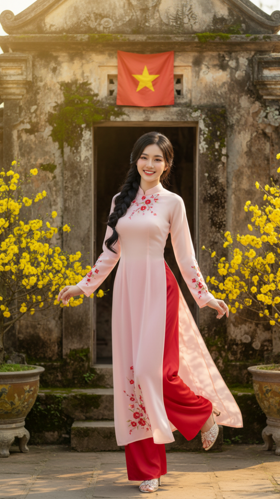 Chân dung vui tươi của cô gái Việt trong Tết 2026 bên ngôi nhà đá cổ mái rêu