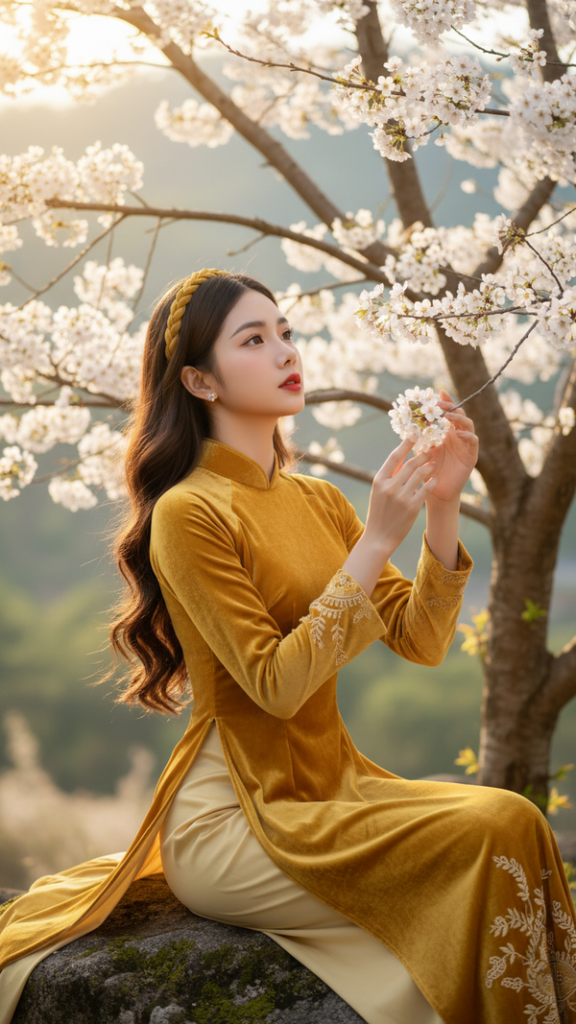 Tạo chân dung thực tế của người phụ nữ trẻ với áo dài vàng và hoa anh đào rực rỡ