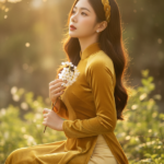 Tạo chân dung người phụ nữ trẻ đẹp với áo dài vàng rực rỡ và hoa anh đào bên mình