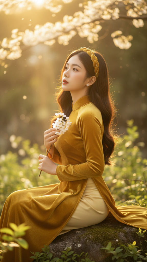 Tạo chân dung người phụ nữ trẻ đẹp với áo dài vàng rực rỡ và hoa anh đào bên mình