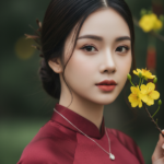 Chân dung thiếu nữ Việt xinh đẹp trong áo dài đỏ rượu giữa vườn xanh tự nhiên