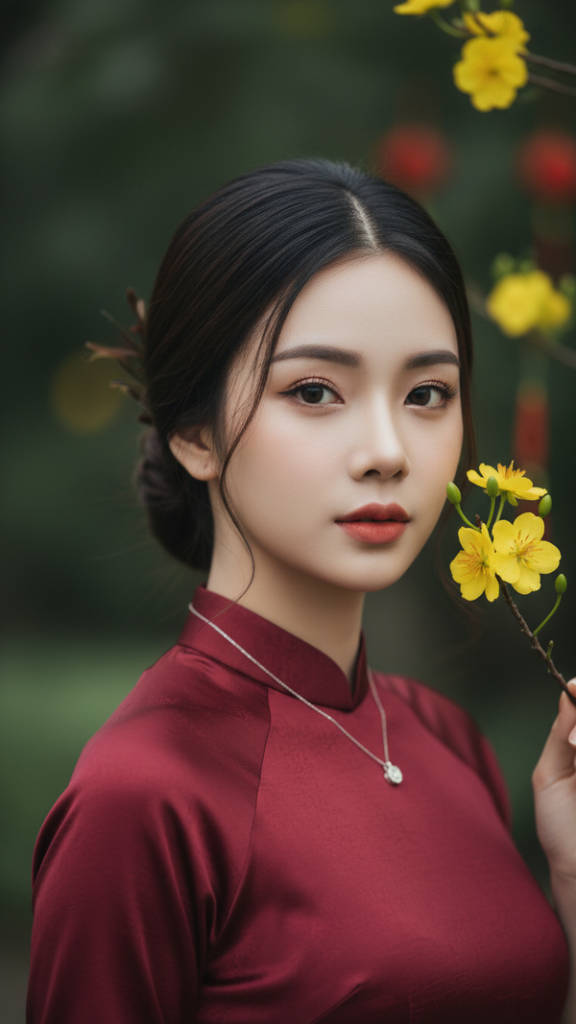 Chân dung thiếu nữ Việt xinh đẹp trong áo dài đỏ rượu giữa vườn xanh tự nhiên