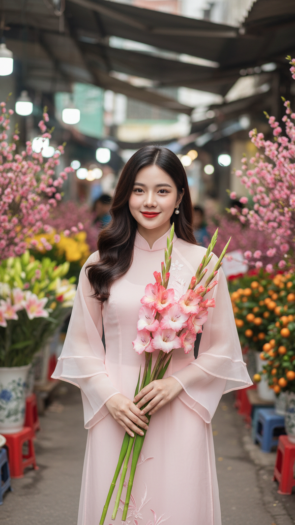 Chân dung trẻ trung với áo dài pastel trong chợ hoa Quang Ba