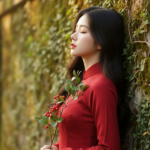 Chân dung cô gái Việt Nam trong tà áo dài đỏ bên tường đá cổ kính