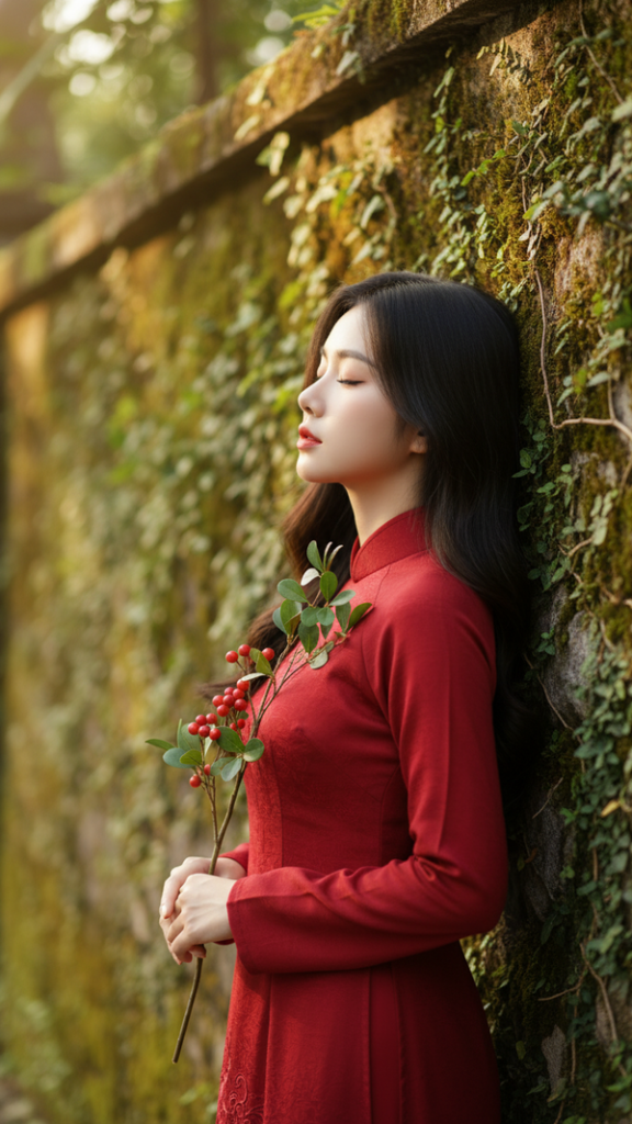 Chân dung cô gái Việt Nam trong tà áo dài đỏ bên tường đá cổ kính