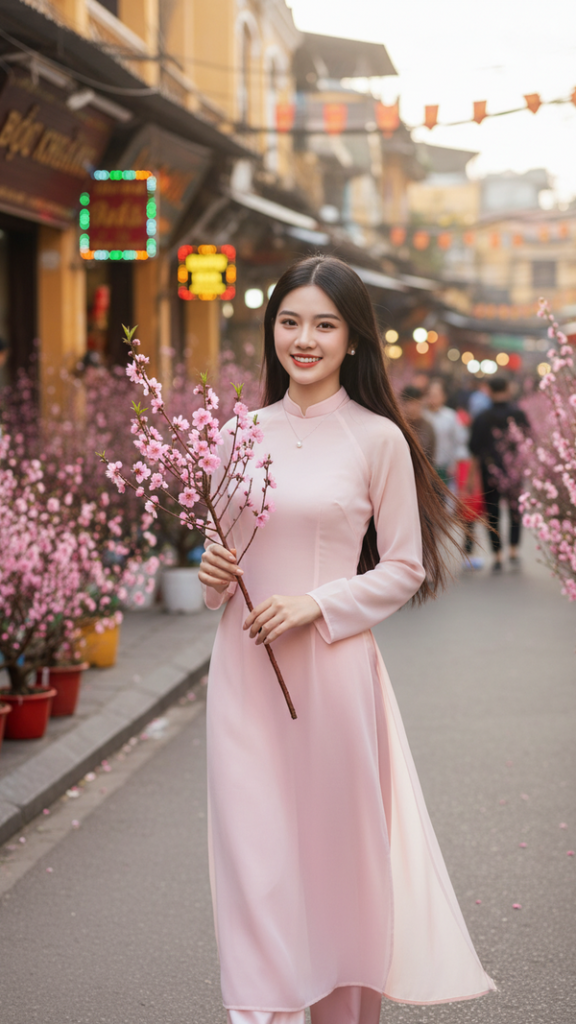 Chân dung cô gái trẻ trong tà áo dài và hoa đào giữa phố cổ Hà Nội