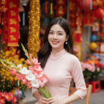 Chân dung cô gái trẻ trong trang phục áo dài giữa sắc màu Tết rực rỡ tại phố Hàng Mã