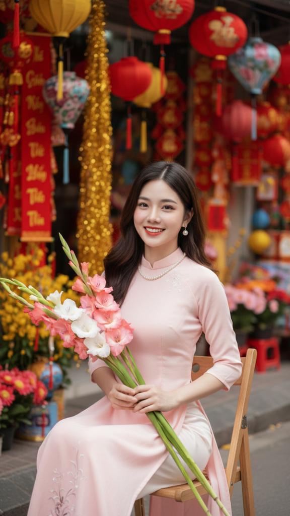 Chân dung cô gái trẻ trong trang phục áo dài giữa sắc màu Tết rực rỡ tại phố Hàng Mã