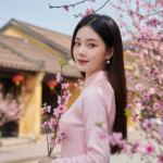 Vẽ chân dung thanh niên nữ trong áo dài pastel giữa cảnh phố cổ và hoa đào