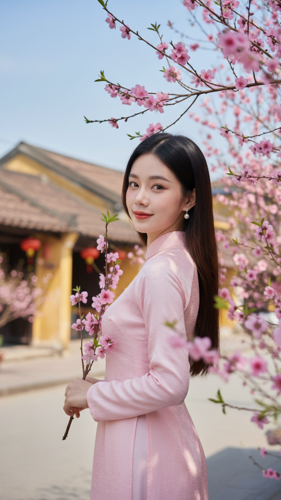 Vẽ chân dung thanh niên nữ trong áo dài pastel giữa cảnh phố cổ và hoa đào