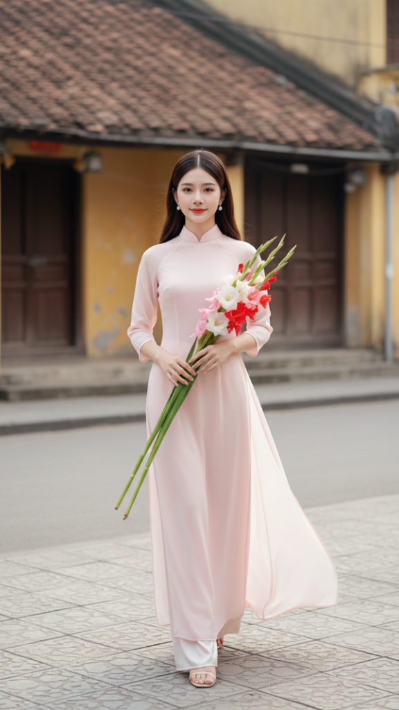 Chân dung thanh lịch của cô gái trẻ trong trang phục áo dài tại Hà Nội cổ kính