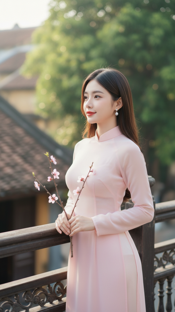 Chân dung người phụ nữ trẻ với áo dài pastel và hoa đào nhẹ nhàng bên khung cảnh cổ điển