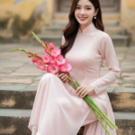 Chân dung nữ sinh với áo dài pastel và hoa diên vĩ trong khung cảnh cổ điển