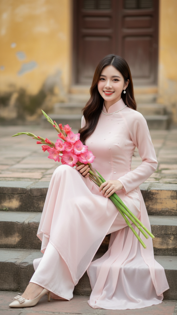 Chân dung nữ sinh với áo dài pastel và hoa diên vĩ trong khung cảnh cổ điển