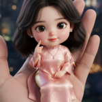 Tạo chân dung mini dễ thương cô gái trẻ trong áo dài Việt Nam bên tay người lớn