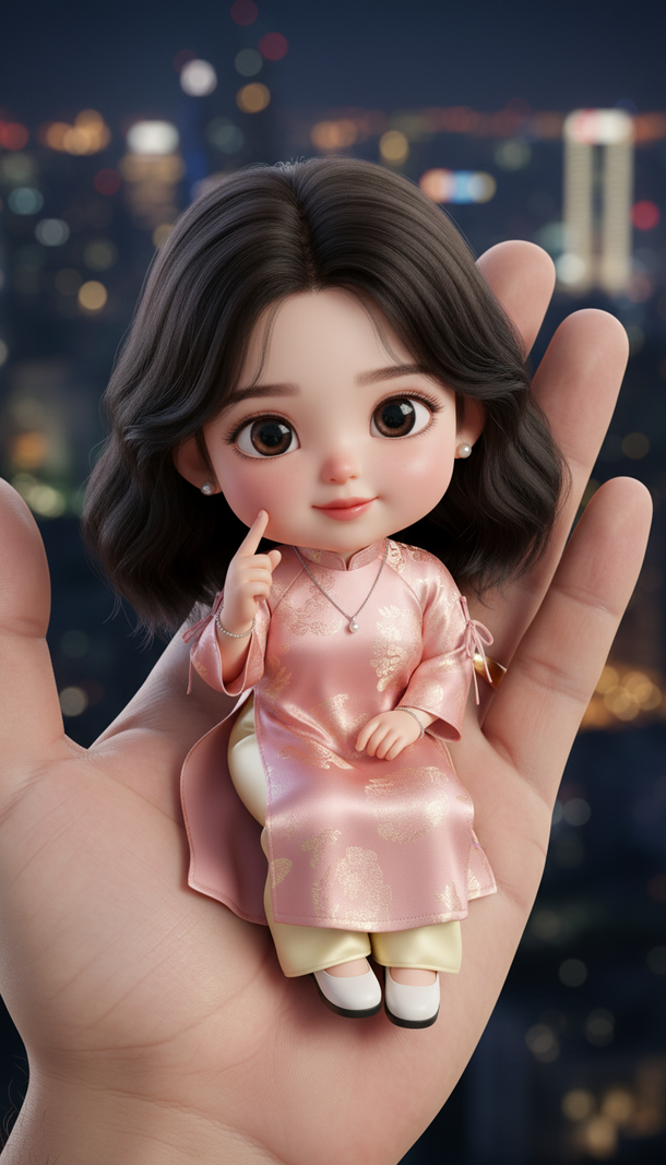 Tạo chân dung mini dễ thương cô gái trẻ trong áo dài Việt Nam bên tay người lớn