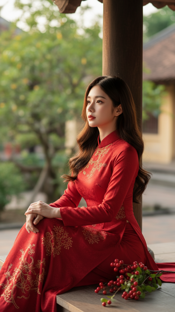 Chân dung nữ sinh Việt nam trong tà áo dài giữa không gian truyền thống yên bình