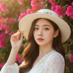 Vẽ chân dung nữ giới trẻ tuổi giữa hoa giấy rực rỡ và ánh sáng hài hòa