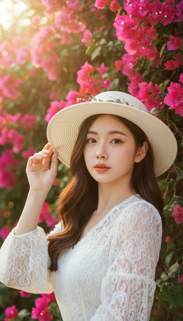 Vẽ chân dung nữ giới trẻ tuổi giữa hoa giấy rực rỡ và ánh sáng hài hòa