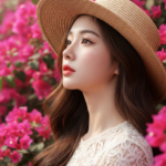 Chân dung xinh đẹp của cô gái trong khung cảnh hoa màu hồng rực rỡ